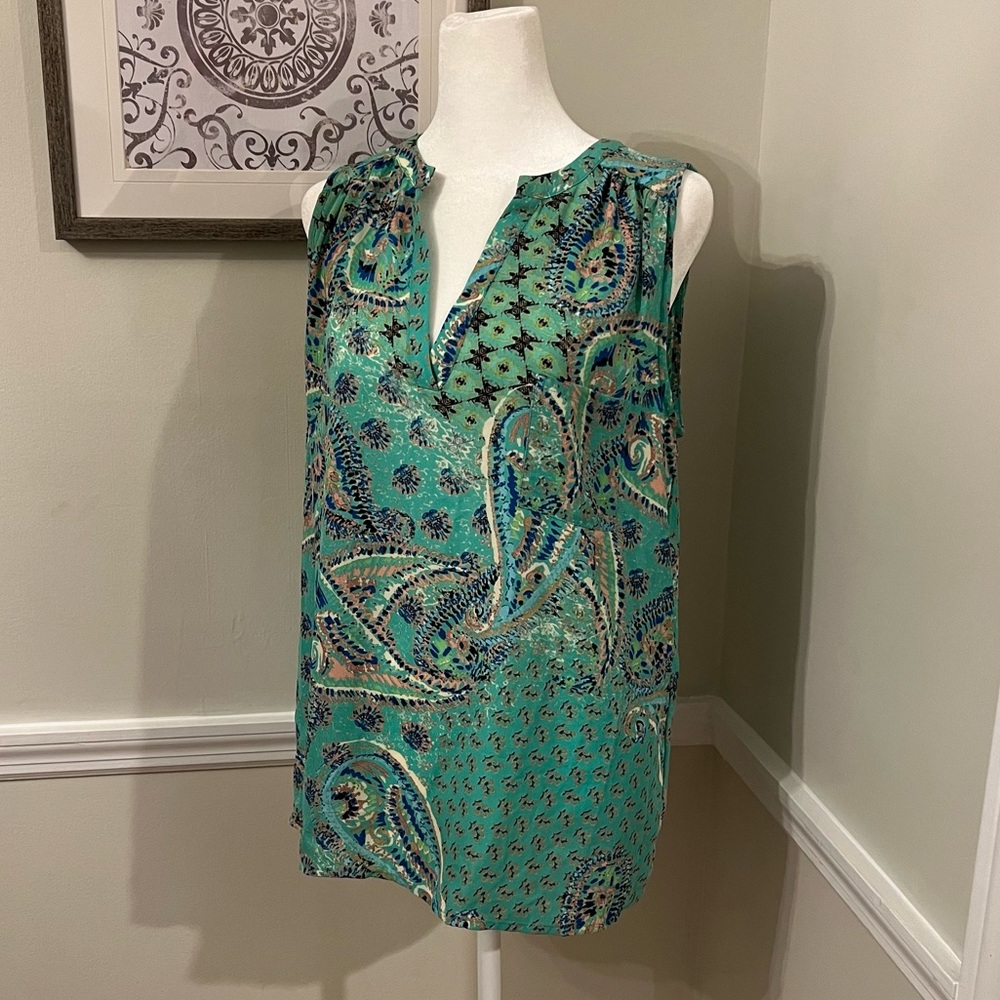 Sleeveless aqua green print blouse sz large